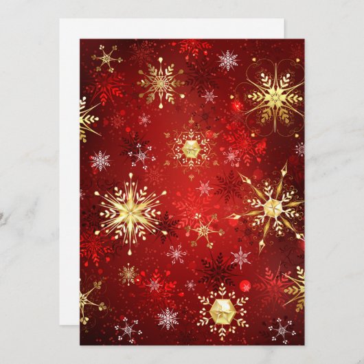 Carte Conseil Noël Golden Snowflakes sur Arrière - plan rouge (Devant / Derrière)