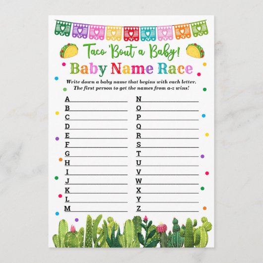 Carte Conseil Nom bébé Race Jeu Taco Baby shower (Devant)