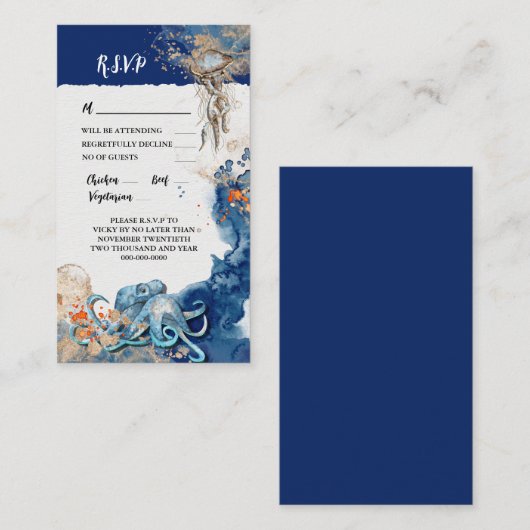 Carte Conseil Octopus marine oranges mariage plage RSVP (Devant / Derrière)