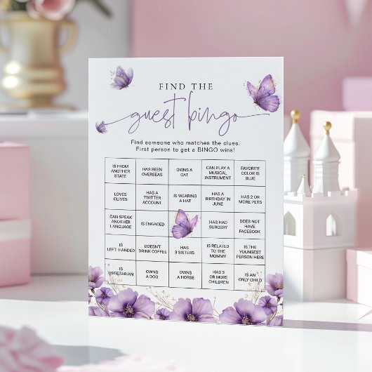 Carte Conseil Purple Butterfly Trouvez l'invité Bingo Game Card