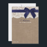 Carte Conseil Ruban de la marine sur Burlap et Mariage de dentel<br><div class="desc">Célébrez avec style avec ces cartes de conseils rustiques. Le design simple et élégant permettra à vos invités d'écrire une note de conseil à garder et à lire dans les années à venir. Le libellé est facile à personnaliser, de sorte que ces cartes peuvent rapidement être transformées en cartes de...</div>
