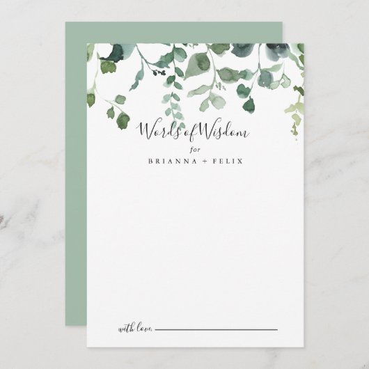 Carte Conseil Script Green Foliage Mariage Mots de sagesse (Devant / Derrière)
