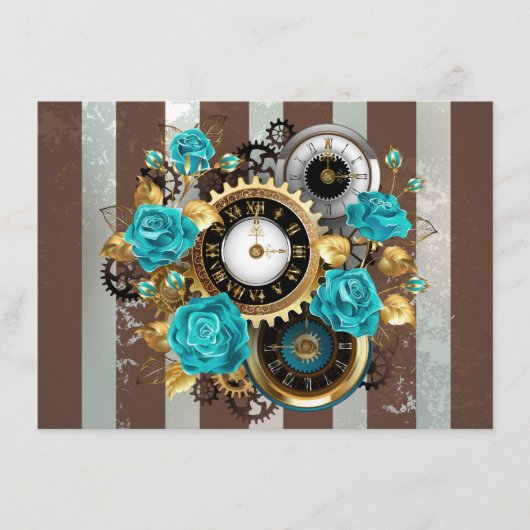 Carte Conseil Steampunk Clock and Turquoise Roses on Striped (Devant)