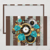 Carte Conseil Steampunk Clock and Turquoise Roses on Striped (Devant / Derrière)