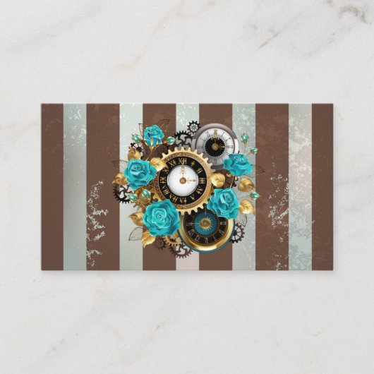 Carte Conseil Steampunk Clock and Turquoise Roses on Striped (Devant)