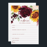 Carte Conseil Tournesols et Bourgogne Mariage de automne Rose<br><div class="desc">Cartes de conseil pour votre Mariage de automne ou votre Fête des mariées - Avec Sunflowers & Burgundy Red Roses. Ces cartes de conseils 5x7 une façon amusante pour vos invités de partager leurs conseils mariages pour la mariée ou le nouveau couple. Le dos est orné d'une couronne de tournesol...</div>