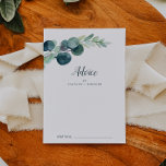 Carte Conseil Verdure luxuriante et Mariage d'Eucalyptus<br><div class="desc">Cette carte de conseil mariage eucalyptus et verdoyante est parfaite pour un élégant mariage jardin et peut être utilisée pour tout événement. Le design botanique moderne présente de magnifiques eucalyptus bleu aquarelle et des feuilles verts. Ces cartes de conseil peuvent être utilisées comme alternative de livre d'or pour une réception...</div>