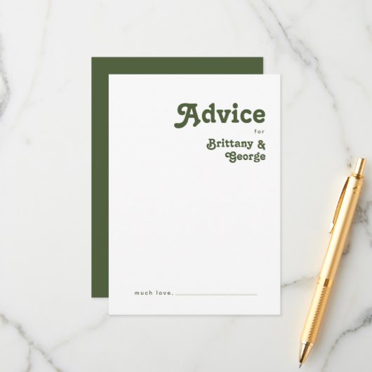 Carte Conseil Vibes rétro simples | Mariage vert olive (Devant/Arrière en situation)
