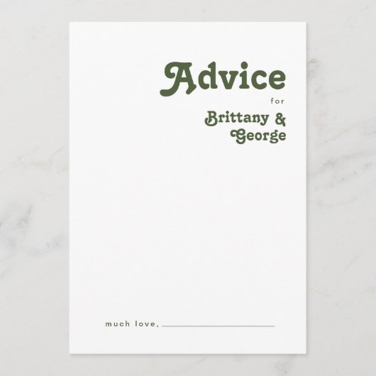 Carte Conseil Vibes rétro simples | Mariage vert olive (Devant)