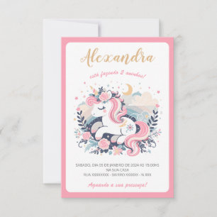 Carte Convite Mágico Unicórnio Rosa em Português