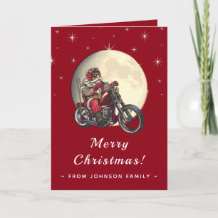 Carte Cool Biker Père Noël Motorcycle Red Sparkle & Moon