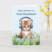 Carte Cool Grandson Birthday Cat with Headphones (Fleur jaune)
