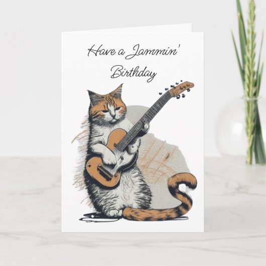 Carte Cool Orange Chat Jamming sur la guitare (Devant)