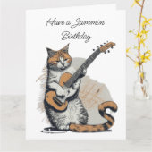 Carte Cool Orange Chat Jamming sur la Guitare Anniversai (Fleur jaune)