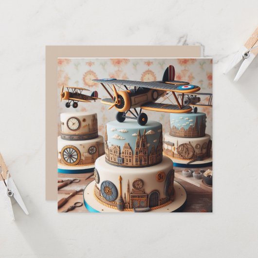 CARTE COOL RETRO BIPLANE GÂTEAU D'ANNIVERSAIRE (Devant/Arrière en situation)