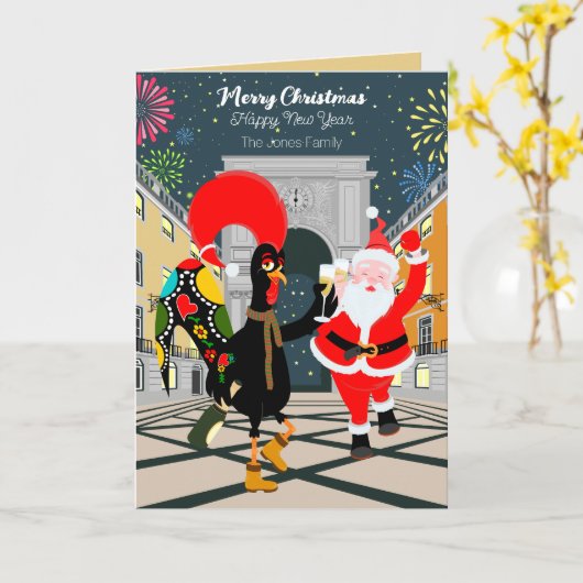 Carte Coq portugais et toast Père Noël au Nouvel An (Fleur jaune)
