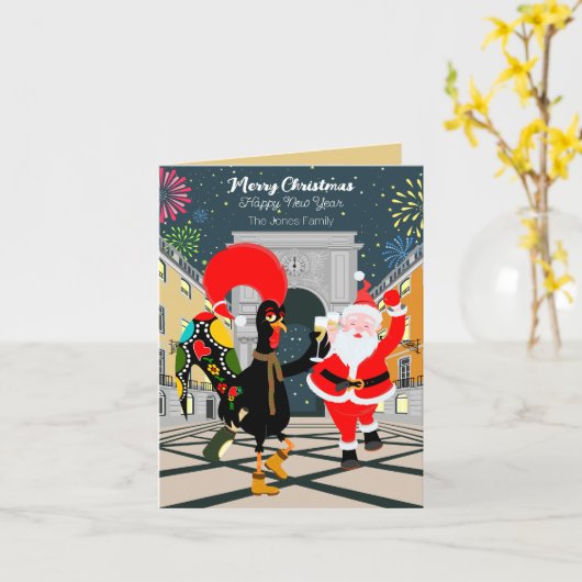 Carte Coq portugais et toast Père Noël au Nouvel An (Fleur jaune)