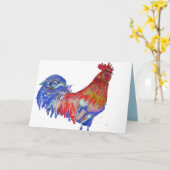 Carte Coq Rouge et Bleu Aquarelle Cockerel (Fleur jaune)