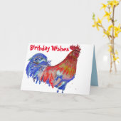 Carte Coq Rouge et Bleu Aquarelle Poulet Anniversaire (Fleur jaune)
