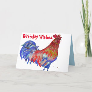 Carte Coq Rouge et Bleu Aquarelle Poulet Anniversaire