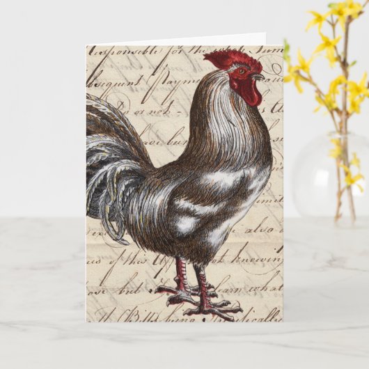 Carte Coq vintage, anniversaire (Fleur jaune)