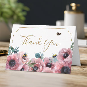 Carte Coquelicots roses et abeilles Merci