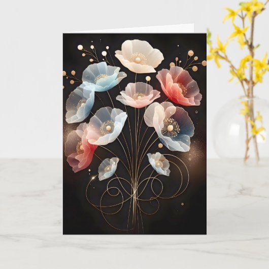 Carte Coquelicots translucides d'anniversaire sur fond n (Fleur jaune)