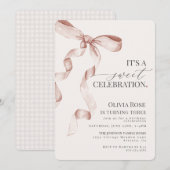 Carte Coquette Beige Bow Girl Anniversaire Fête Invitati (Devant / Derrière)