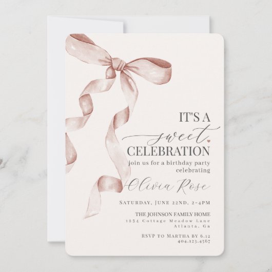 Carte Coquette Beige Bow Girl Anniversaire Fête Invitati (Devant)