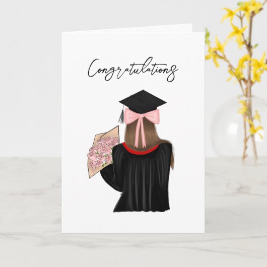 Carte Coquette Coiffure Brown Fille Diplômée Félicitatio (Fleur jaune)
