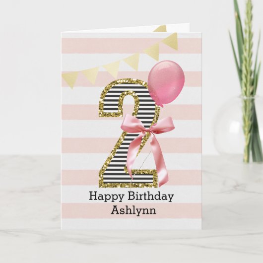 Carte Coquette rose Boq et or 2e anniversaire fille (Devant)