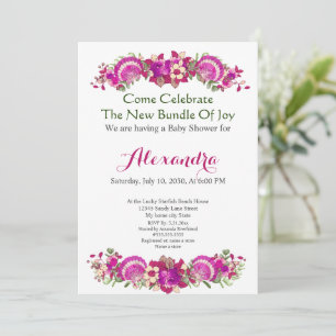 Carte Coquillage vert Fille rose Baby shower floral
