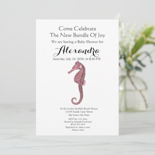 Carte Coquillage vert Fille rose Baby shower floral (Debout devant)