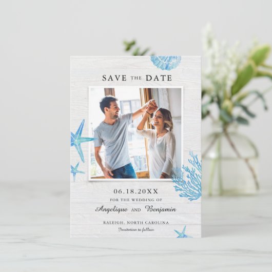 Carte Coquillages nautiques rustiques Enregistrer la dat (Debout devant)