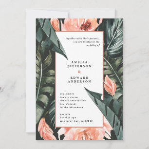Carte Corail rose et feuille tropicale mariage