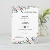 Carte Corail rose et feuille tropicale mariage (Debout devant)