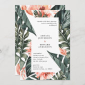 Carte Corail rose et feuille tropicale mariage (Devant / Derrière)