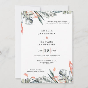 Carte Corail rose et feuille tropicale mariage