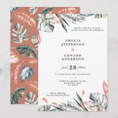 Carte Corail rose et feuille tropicale mariage (Devant / Derrière)
