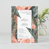 Carte Corail rose et feuille tropicale mariage (Debout devant)