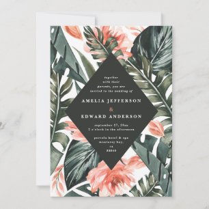 Carte Corail rose et feuille tropicale mariage