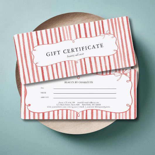 Carte Coral White Stripe Vintage Bow Gift Certificate