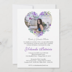 Carte Corazón Floral en Morado con Foto de Quinceañera