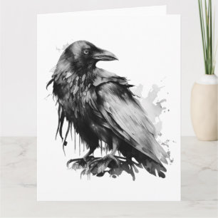 Carte Corbeau aquarelle - N&B