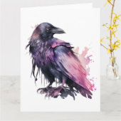 Carte Corbeau aquarelle - Rose (Fleur jaune)