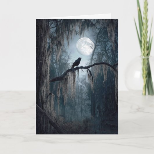 Carte Corbeau d'Halloween dans une forêt sinistre (Devant)