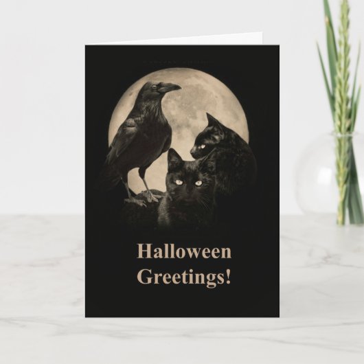 Carte Corbeau et chats noirs heureux Halloween (Devant)