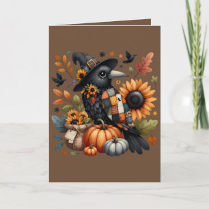 Carte Corbeau fantaisiste avec citrouilles et tournesols
