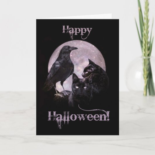 Carte Corbeau gothique cool et chat noir Halloween (Devant)