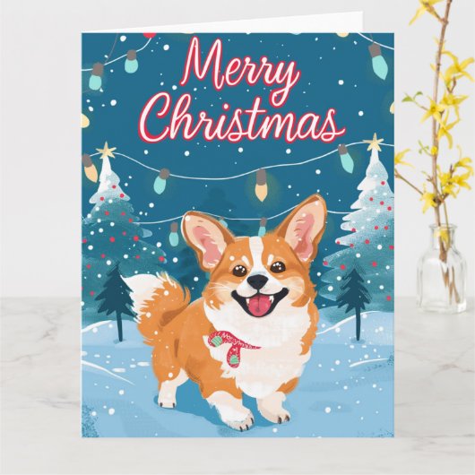 Carte Corgi à Noël de neige (Fleur jaune)